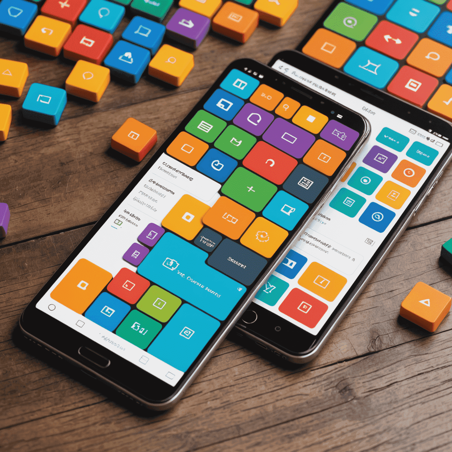 Интерфейс App Inventor с блоками кода и предварительным просмотром мобильного приложения. На экране видны яркие цветные блоки, соединенные между собой, образующие логику приложения.