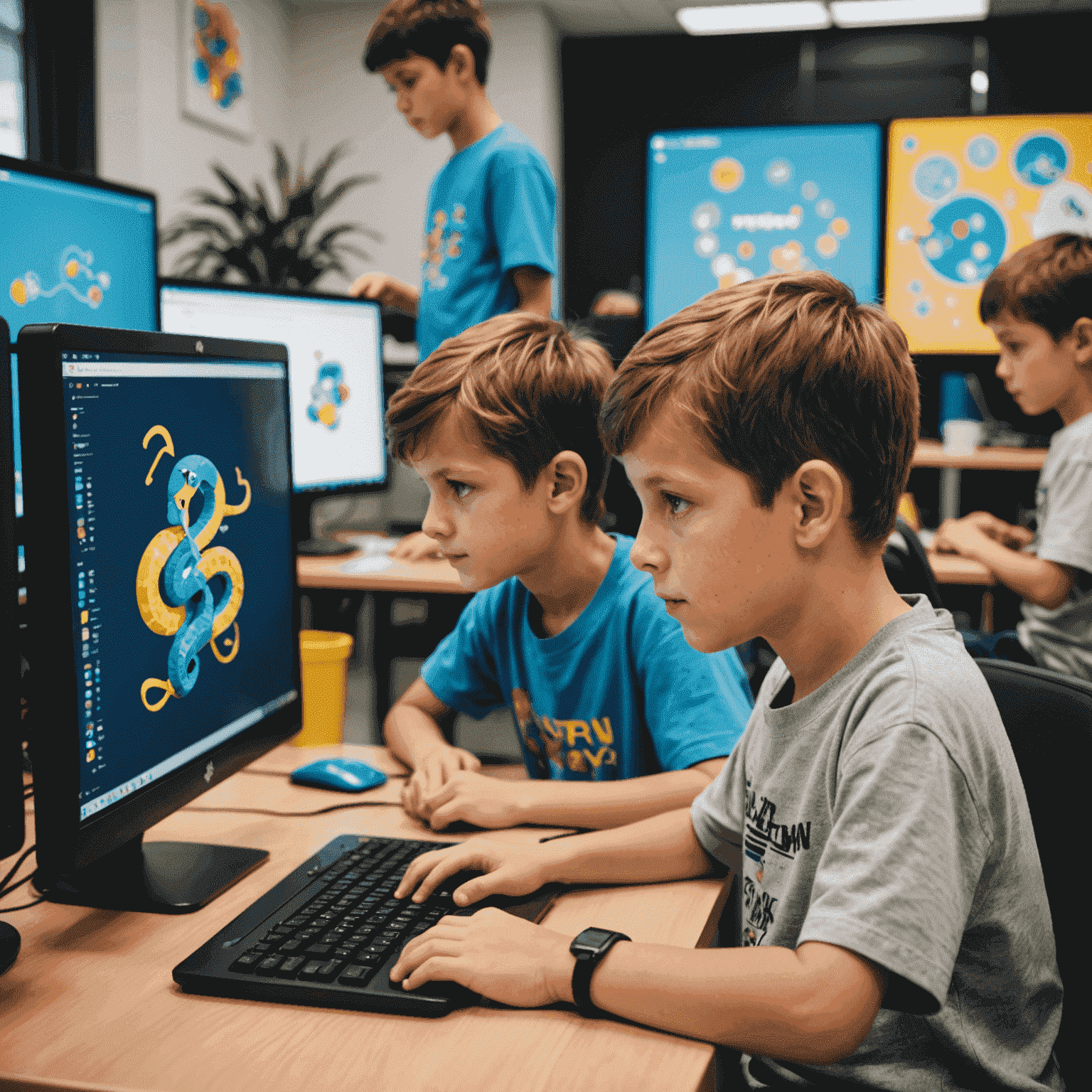 Дети, увлеченно программирующие на Python, создают красочную игру на экране компьютера